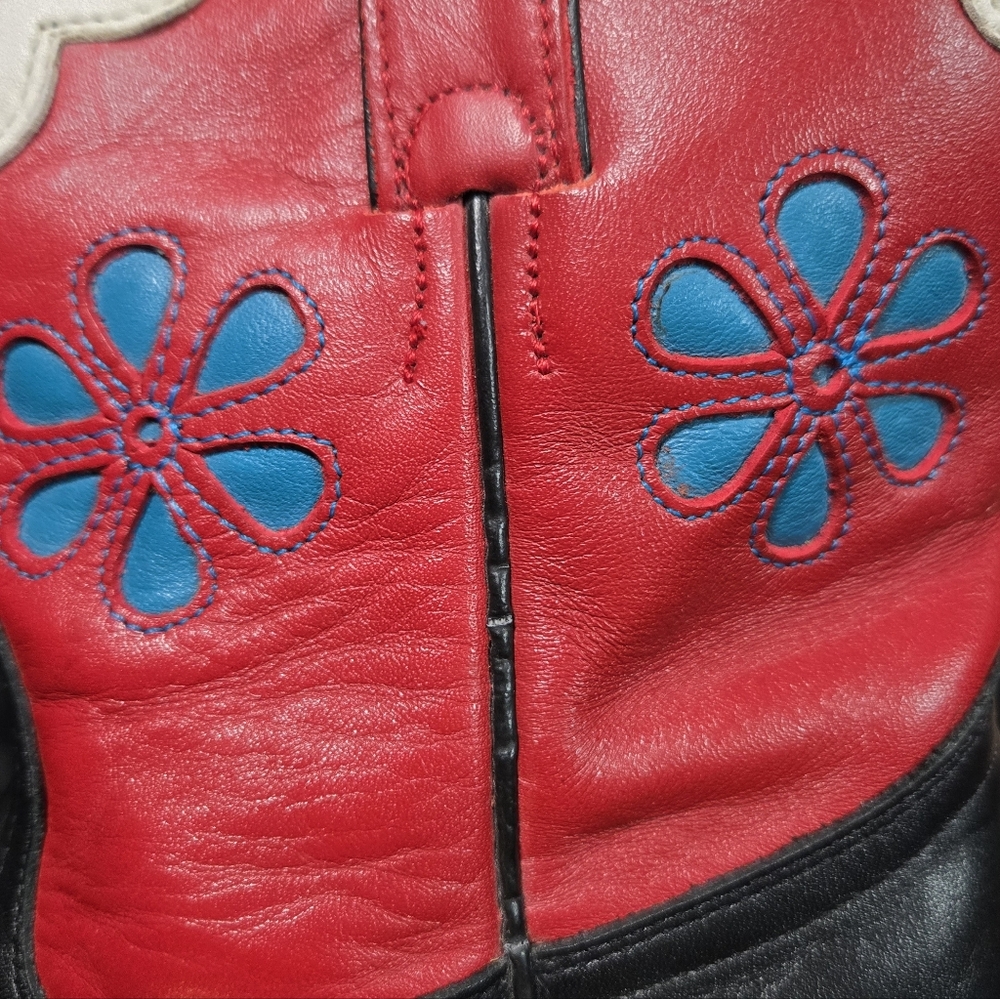 Vintage Tony Lama Black Red White Blue Flower Western Leather Boots Size 7 - Picture 10 of 16